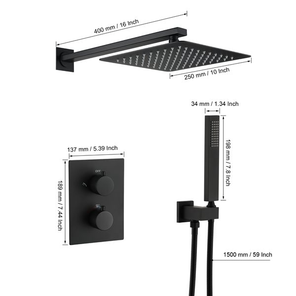 Clihome Matte Black 10-in Metal Shower Head with 2-Function Thermostatic Built-in Shower System