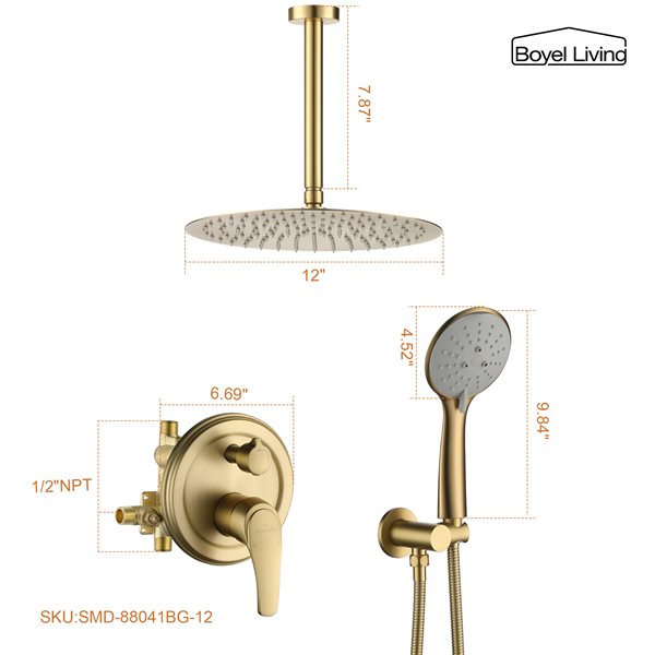 Clihome Brushed Gold 12-in Metal Ceiling Round Shower Head with Built-in Shower System