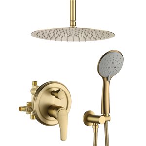 Clihome Brushed Gold 12-in Metal Ceiling Round Shower Head with Built-in Shower System