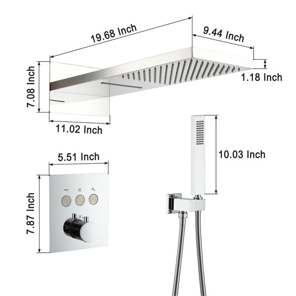 Clihome Polished Chrome 19.68-in Solid Brass Shower Head with 2-Function Thermostatic Built-in Shower System