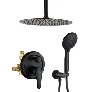 Clihome Matte Black 12-in Metal Ceiling Round Shower Head with Built-in Shower System