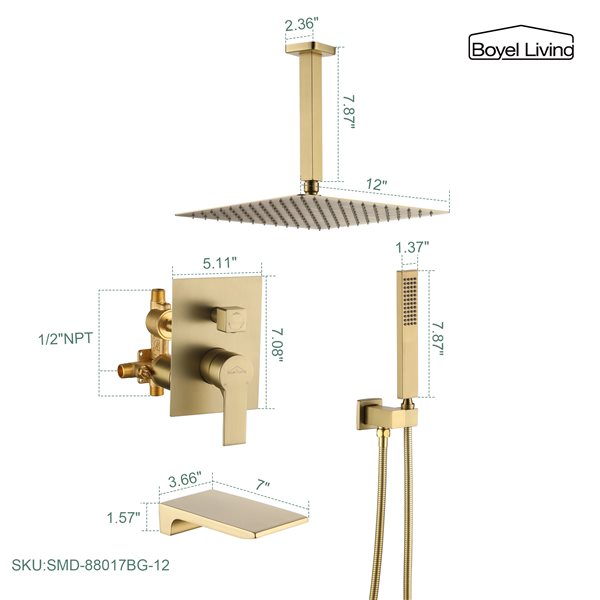 Clihome 12-in Metal Ceiling Shower Head with 3-Function Built-in Shower System - Brushed Gold