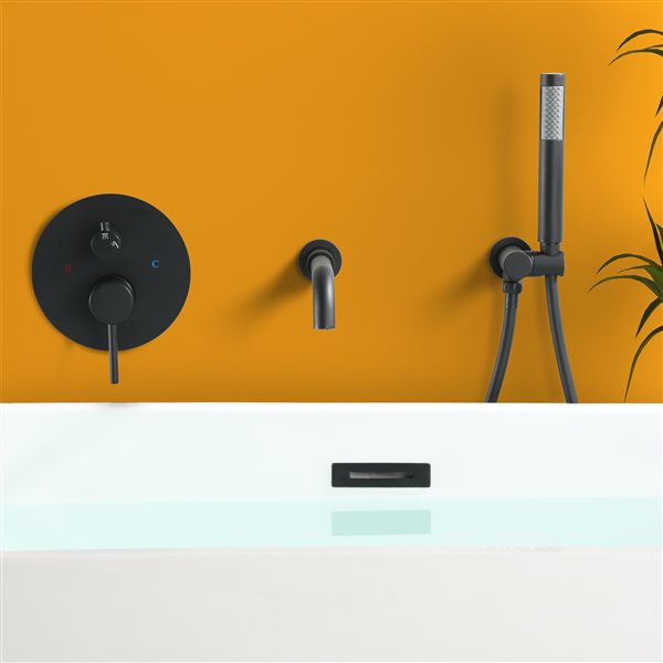 Clihome Matte Black 3-Handle Wall Mount Bathtub Faucet with Hand Shower Included