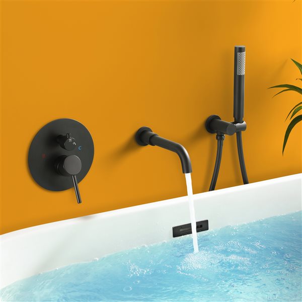 Clihome Matte Black 3-Handle Wall Mount Bathtub Faucet with Hand Shower Included