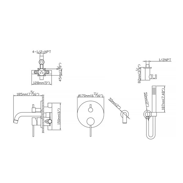 Clihome Matte Black 3-Handle Wall Mount Bathtub Faucet with Hand Shower Included