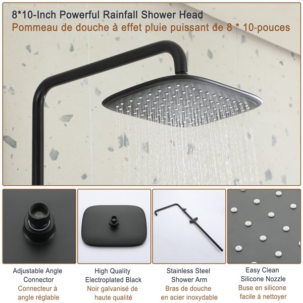 Clihome Matte Black 10-in ABS Shower Head with Shower Bar System