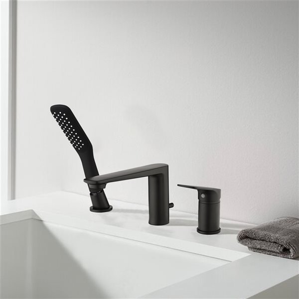 Clihome Matte Black 1-Handle Deck Mount Roman Waterfall Bathtub Faucet with Hand Shower Included