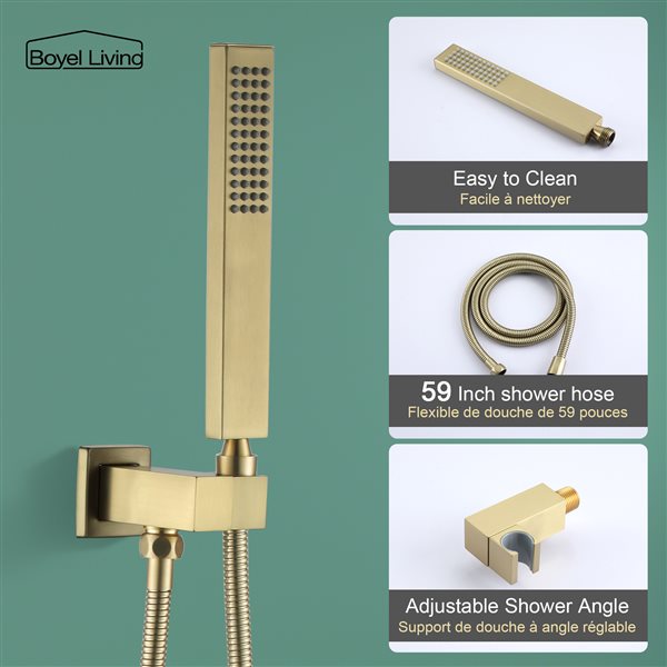 Clihome Brushed Gold 10-in Metal Ceiling Shower Head with 3-Function Built-in Shower System
