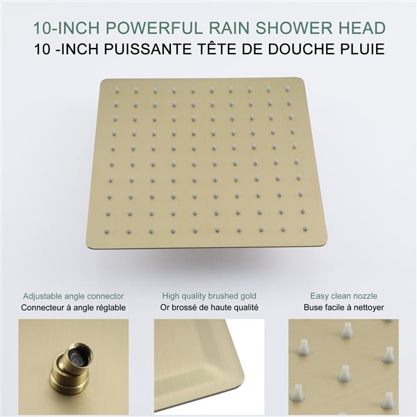 Clihome Brushed Gold 10-in Metal Ceiling Shower Head with 3-Function Built-in Shower System
