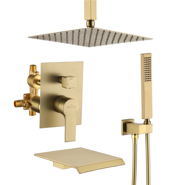 Clihome Brushed Gold 10-in Metal Ceiling Shower Head with 3-Function Built-in Shower System