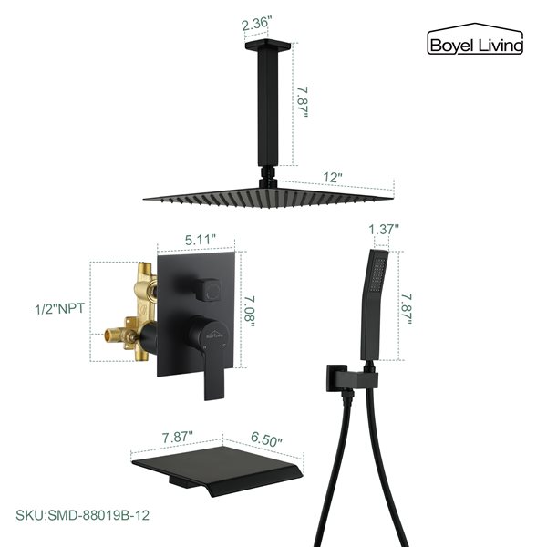 Clihome 12-in Metal Ceiling Shower Head with 3-Function Built-in Shower System - Matte Black