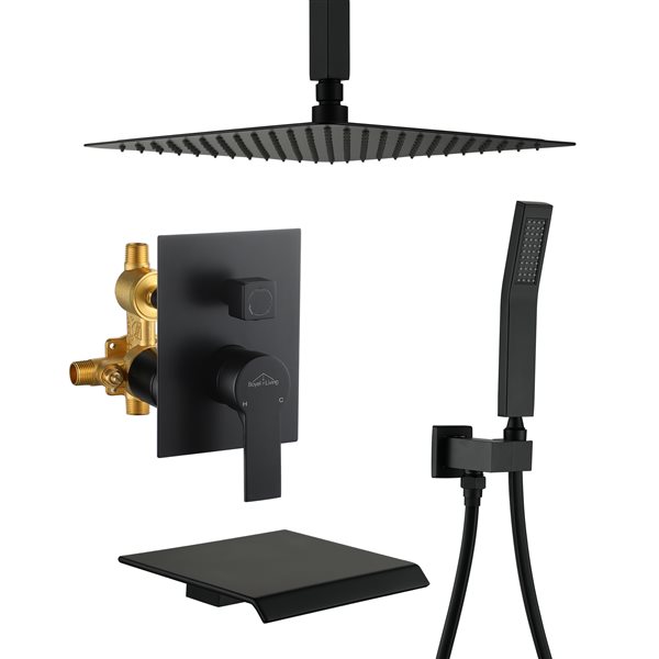 Clihome 12-in Metal Ceiling Shower Head with 3-Function Built-in Shower System - Matte Black