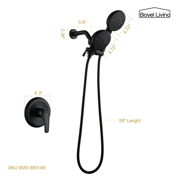 Clihome Matte Black 4.72-in Metal Dual Shower Head with Built-in Shower System