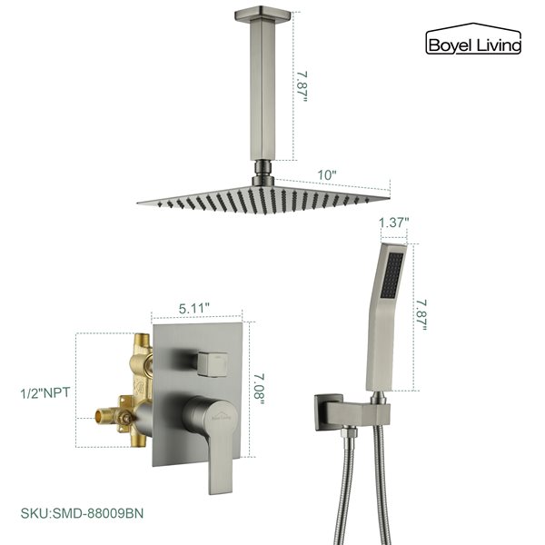 Clihome Brushed Nickel 10-in Metal Ceiling Shower Head with Built-in Shower System