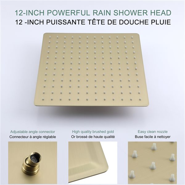 Clihome Brushed Gold 12-in Metal Ceiling Shower Head with 3-Function Built-in Shower System