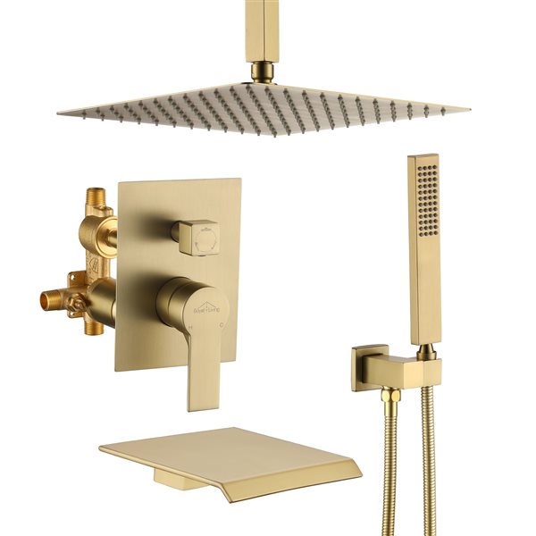 Clihome Brushed Gold 12-in Metal Ceiling Shower Head with 3-Function Built-in Shower System