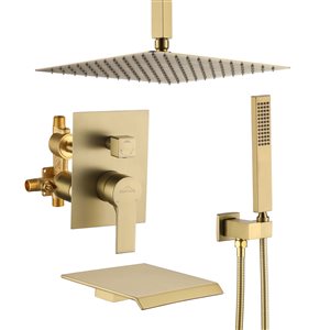 Clihome Brushed Gold 12-in Metal Ceiling Shower Head with 3-Function Built-in Shower System