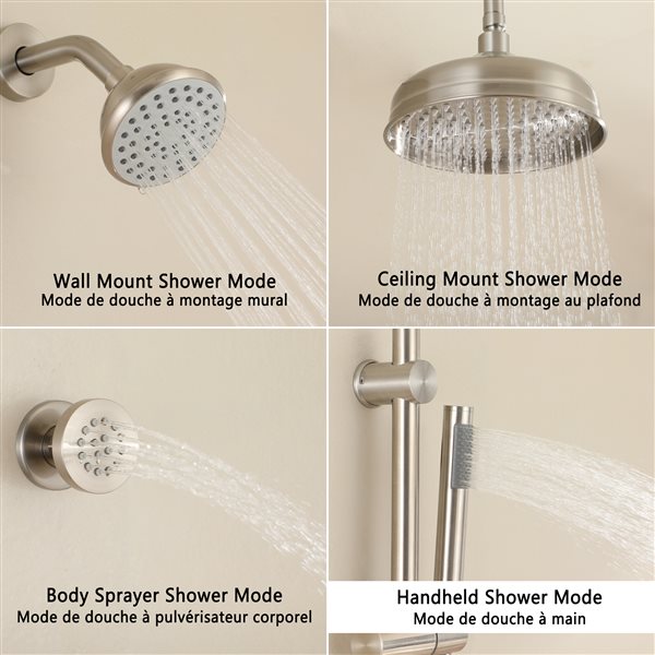 Boyel Living Brushed Nickel 8-in Solid Brass Dual Shower Head with Shower Bar System