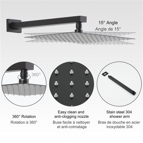 Clihome Matte Black 12in Metal Shower Head with 2Function Builtin