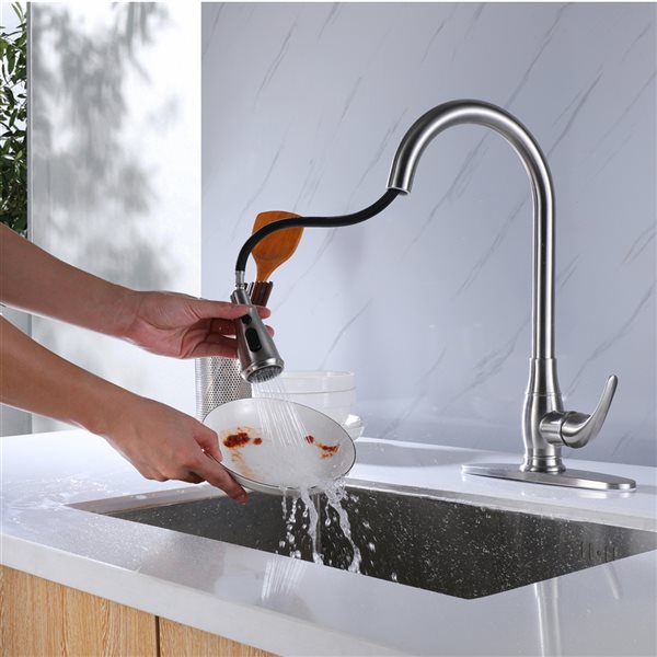 Clihome Brushed Nickel 1-Handle Deck Mount Pull-Out Lever Kitchen Faucet (Deck Plate Included)