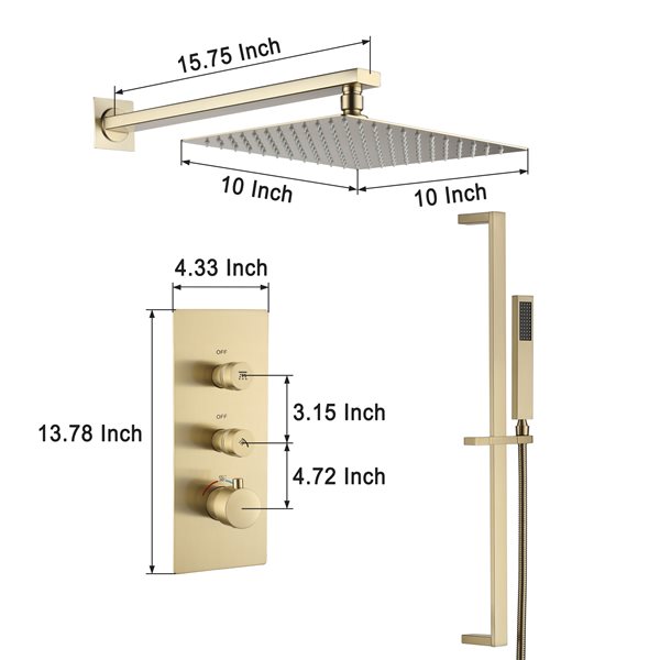 Clihome Brushed Gold 10-in Metal Shower Head with Built-in Shower System and Height Adjustable Hand Shower