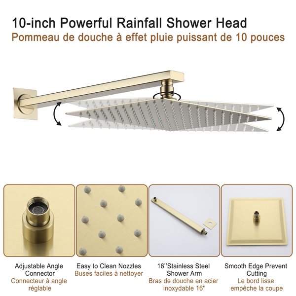 Clihome Brushed Gold 10-in Metal Shower Head with Built-in Shower System and Height Adjustable Hand Shower