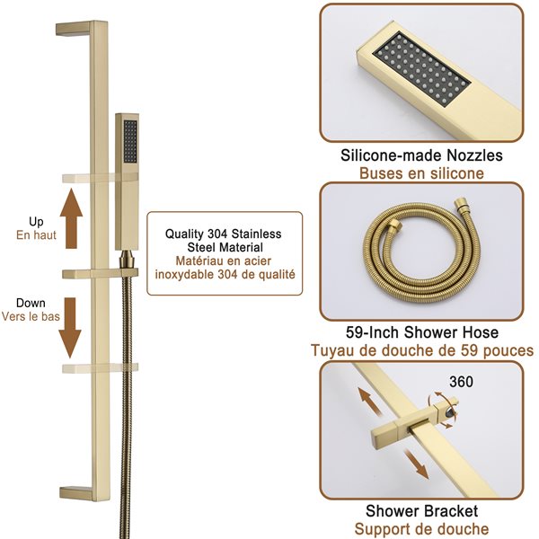 Clihome Brushed Gold 10-in Metal Shower Head with Built-in Shower System and Height Adjustable Hand Shower