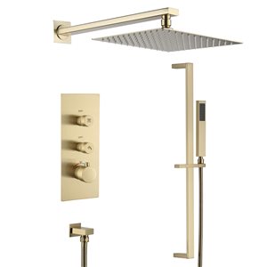 Clihome Brushed Gold 10-in Metal Shower Head with Built-in Shower System and Height Adjustable Hand Shower