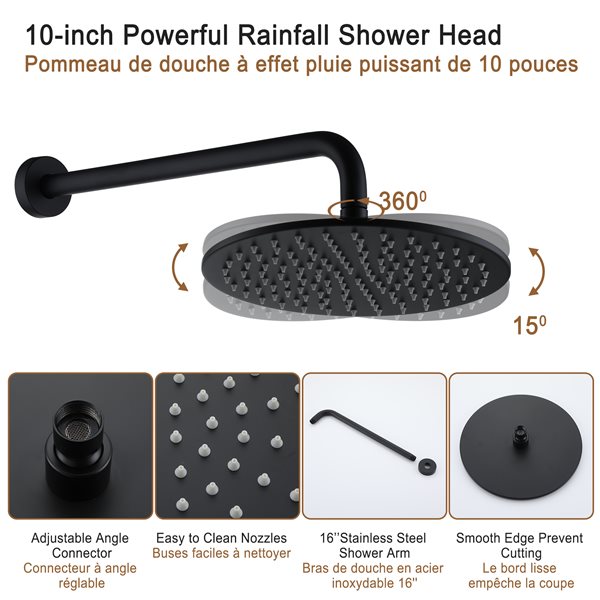 Clihome Matte Black 10-in ABS Round Shower Head with Built-in Shower System