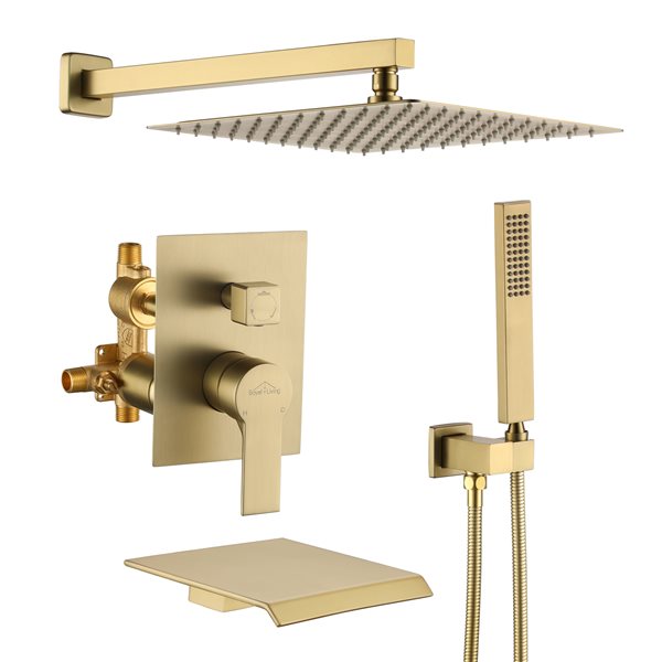 Clihome Brushed Gold 12-in Metal Rain Shower Head with 3-Function Built-in Shower System