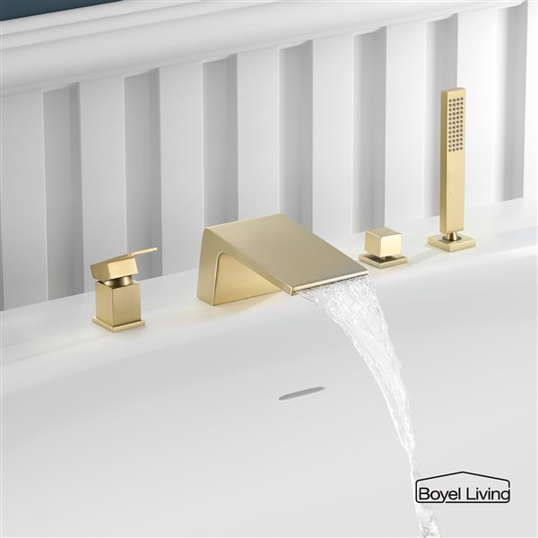 Clihome 1-Handle Deck Mount Roman Bathtub Faucet with Hand Shower Included in Brushed Gold