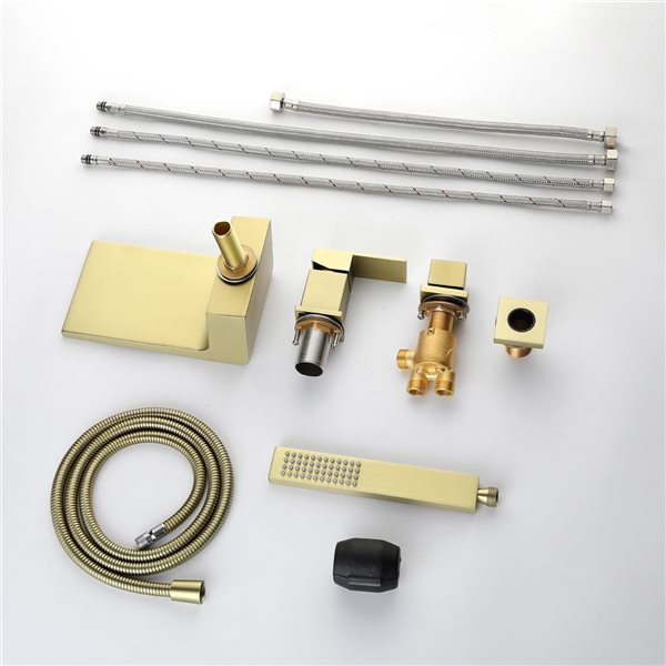 Clihome 1-Handle Deck Mount Roman Bathtub Faucet with Hand Shower Included in Brushed Gold