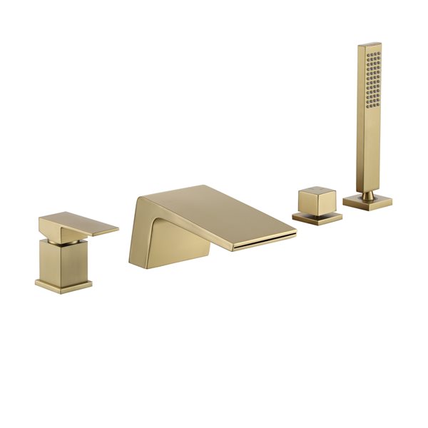 Clihome 1-Handle Deck Mount Roman Bathtub Faucet with Hand Shower Included in Brushed Gold