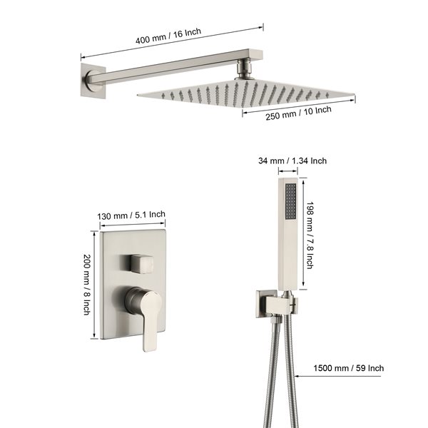 Clihome 10-in Metal Shower Head with 2-Function Built-in Shower System in Brushed Nickel Finish