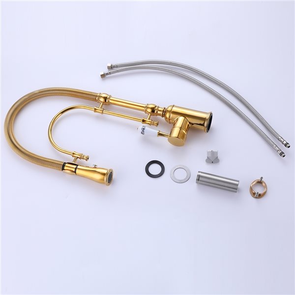 Clihome Polished Gold 1-Handle Deck Mount Pull-Out Lever Kitchen Faucet