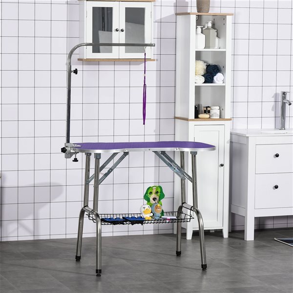 PawHut Purple Pet Foldable Grooming Table with Adjustable Arm