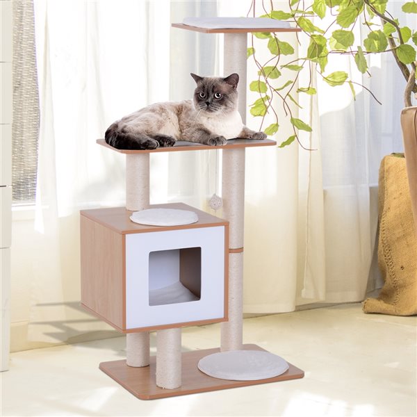 PawHut 47.25-in Wood Cat Tree with White Cushions