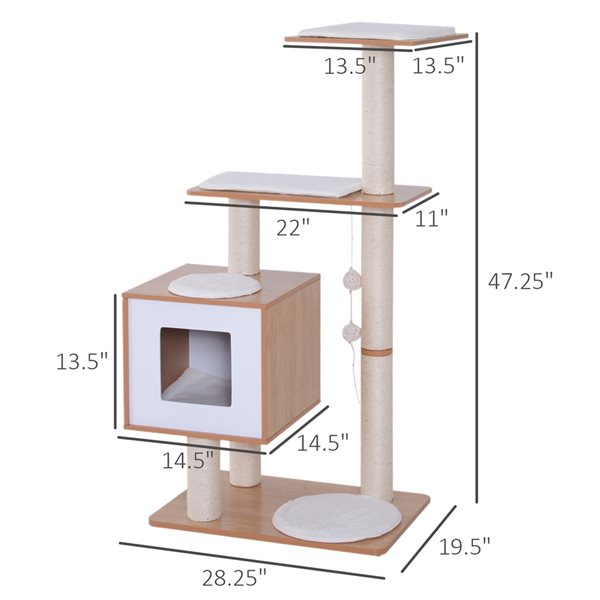 PawHut 47.25-in Wood Cat Tree with White Cushions