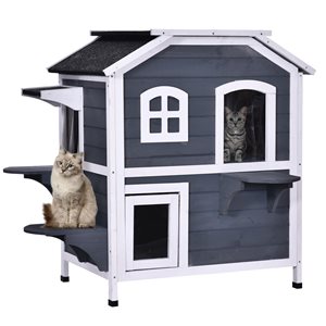 PawHut Grey Wood Rectangular 2-Level Cat House with Indoor Lounge Space