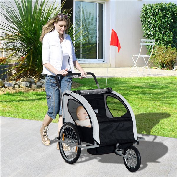 Aosom 2 in 1 Foldable Double Baby Child Bike Trailer - Black and White