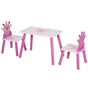 Qaba Pink Kids Wooden Table Chair with Crown Pattern - Set of 3