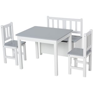 Qaba Grey and White Kids Wood Table Chair Bench with Storage Function -  Set of 4