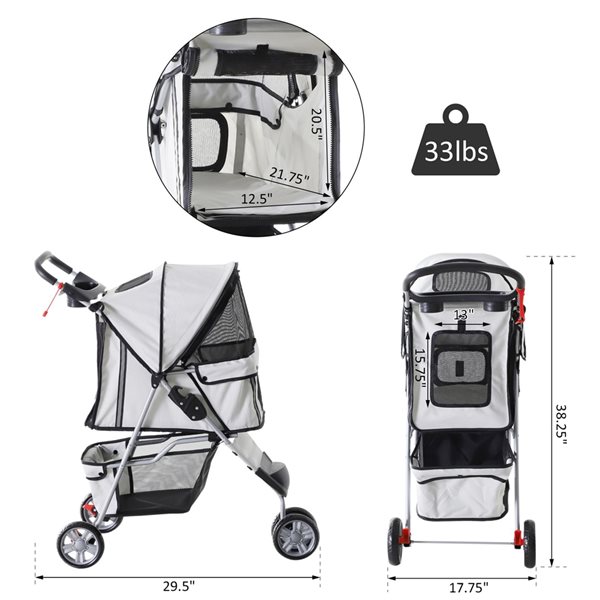 PawHut Deluxe Foldable 3 Wheels Pet Stroller- Grey