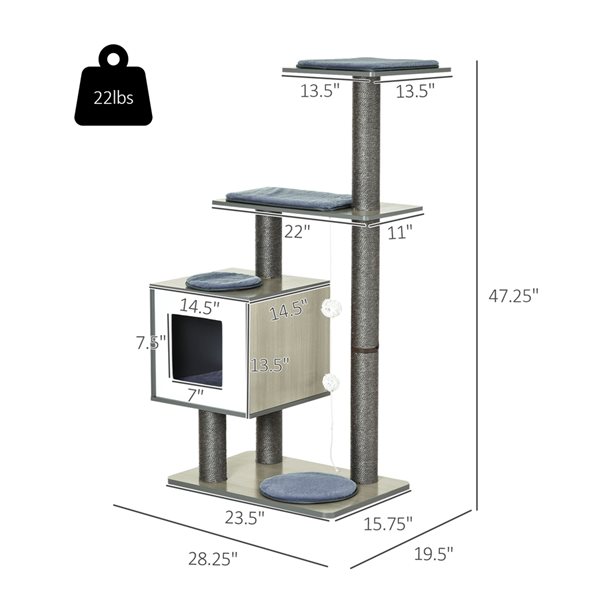 PawHut 47.25-in Wood Cat Tree with Grey Cushions