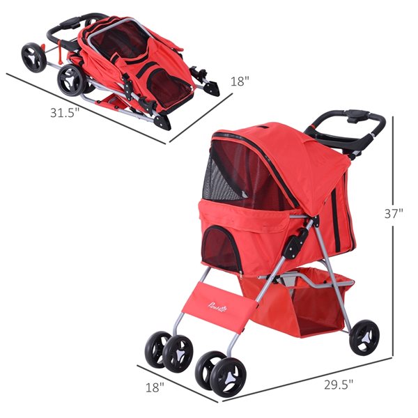 PawHut Pet Stroller Foldable Carrier 4 Wheels Red D00083RD RONA