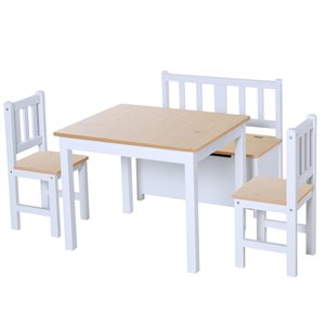 Qaba White Kids Wood Table Chair Bench with Storage Function -  Set of 4