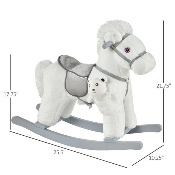 Qaba Kids Plush Ride-On Rocking Horse with Bear Toy with Realistic Sounds - White