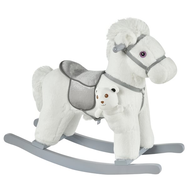 Qaba Kids Plush Ride-On Rocking Horse with Bear Toy with Realistic Sounds - White