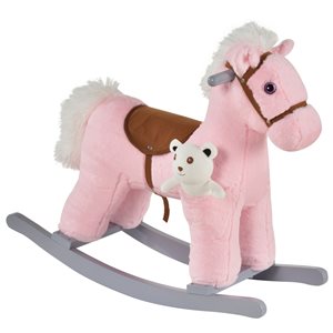 Qaba Kids Plush Ride-On Rocking Horse with Bear Toy with Realistic Sounds -  Pink