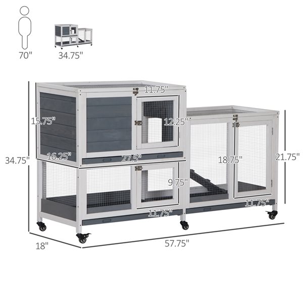 PawHut 58-in Grey Wood Rabbit Hutch